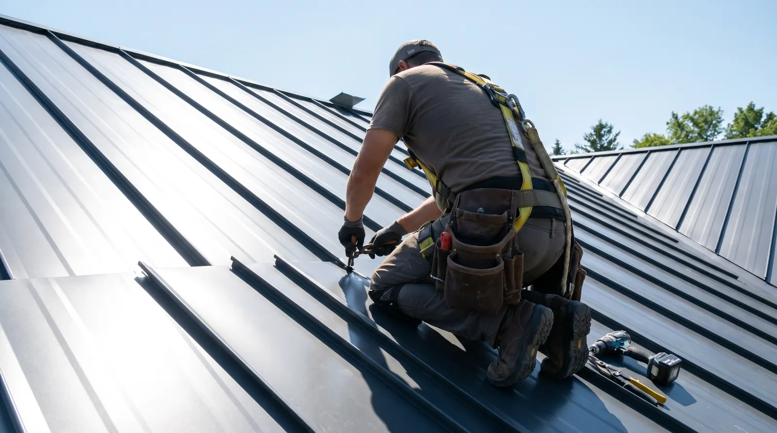 Roofer installing a standing seam metal panel